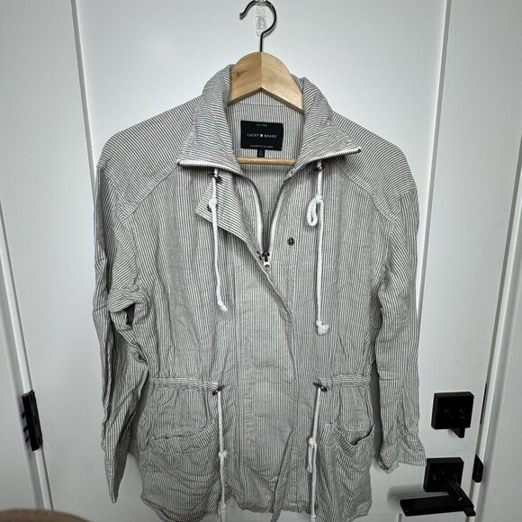 Lucky Brand Womens Striped Utility Jacket With Drawstring Waist Front Pockets SM - Picture 3 of 4